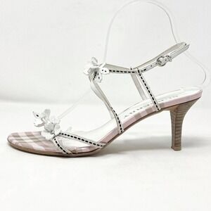 Burberry Pink Nova‎ Check Floral Applique Strappy Sandals White Leather Heels 37